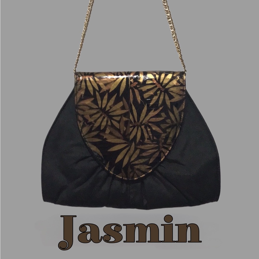 Vintage JASMIN Genuine Snakeskin Flap Shoulder Bag with Chain Strap Black Gold
